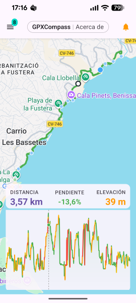 Elevation panel with distance, slope and altitude readings over the route map