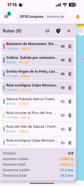 GPXCompass routes panel showing multiple colour-coded GPX stages and summary totals