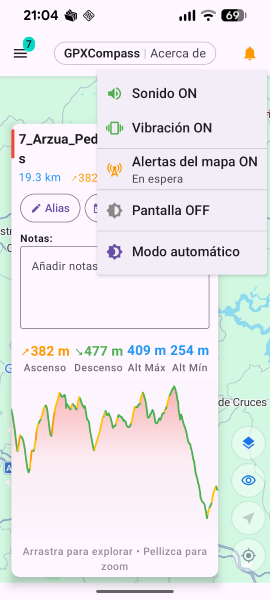GPXCompass alert menu with sound, vibration, map alerts, screen and theme controls