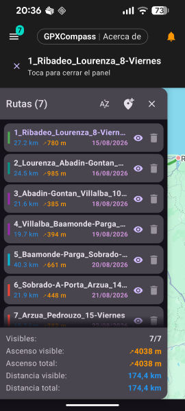 GPXCompass routes panel listing Camino de Santiago stages with dates, ascent and visibility controls