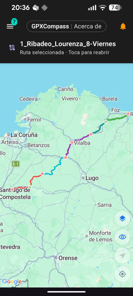 GPXCompass map showing multiple Camino de Santiago route stages across Galicia