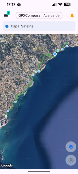 Satellite map view displaying a coastal GPX route and waypoint markers